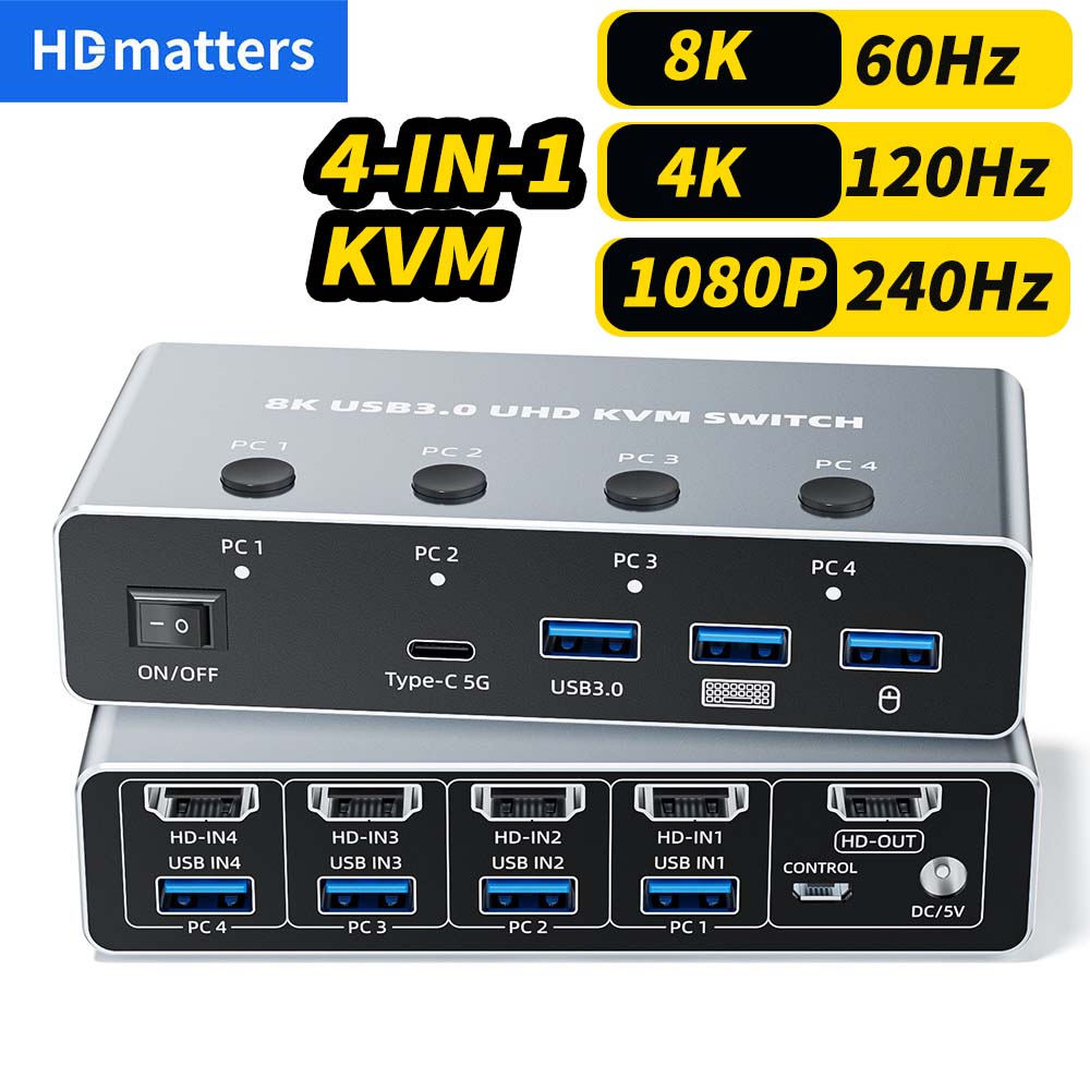 Hdmi Matrix Switch 4X4 4K 60Hz - 8K 60Hz HDMI 2.1対応、4台のコンピューターを接続できるKVMスイッチ。4ポート、8K HDMI 2.1、USB