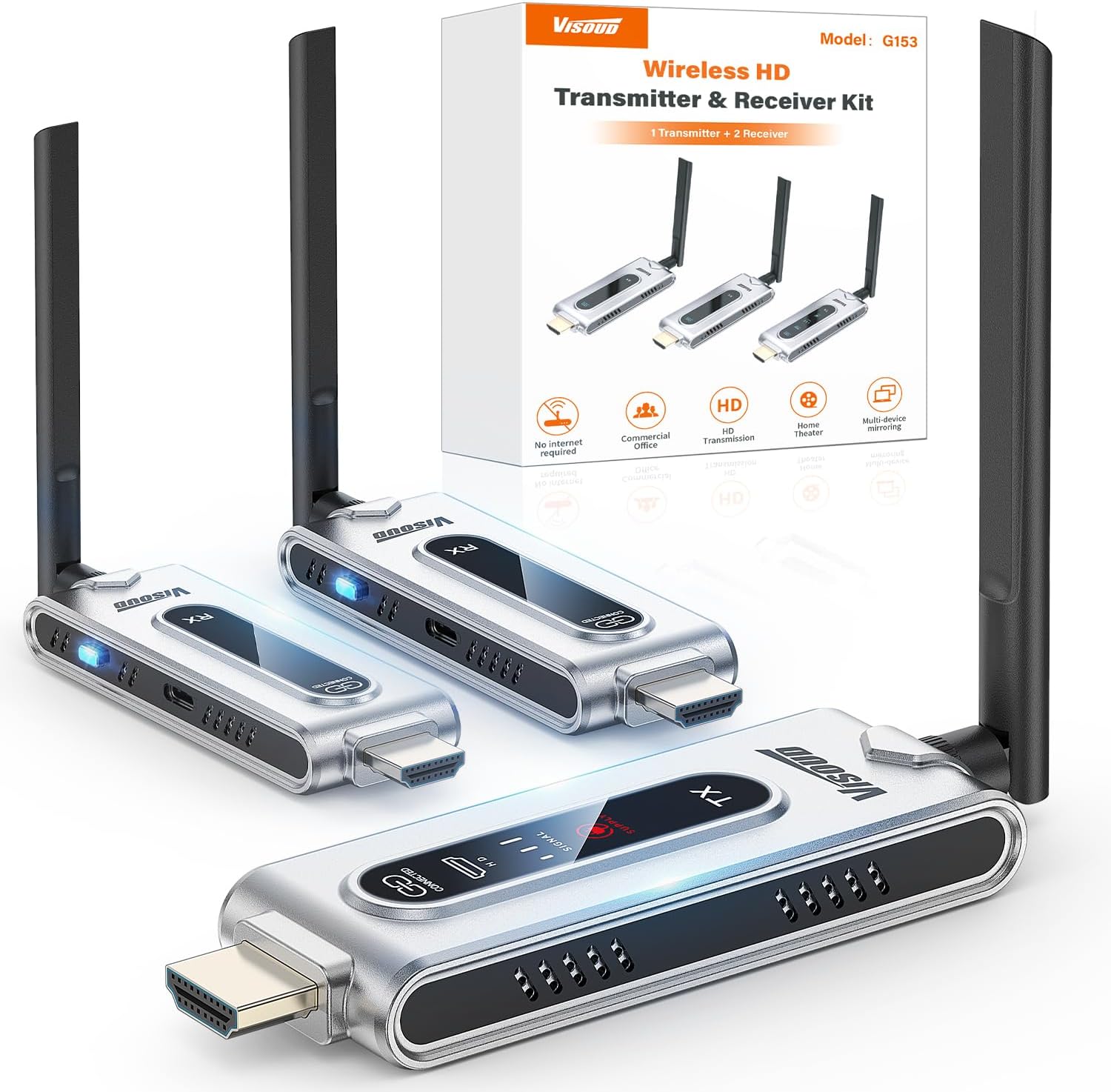 Wireless Hdmi Receiver For Projector - ワイヤレスHDMI送信機と2つの受信機（LCDディスプレイ付き）、4Kデコード、2K@60Hz出力、492フィート/150メートル範囲、プラグアンドプレイ、PC/プロジェクター/TVボックスからモニターへのビデオとオーディオの送信用5.8G+2.4GHzエクステンダー