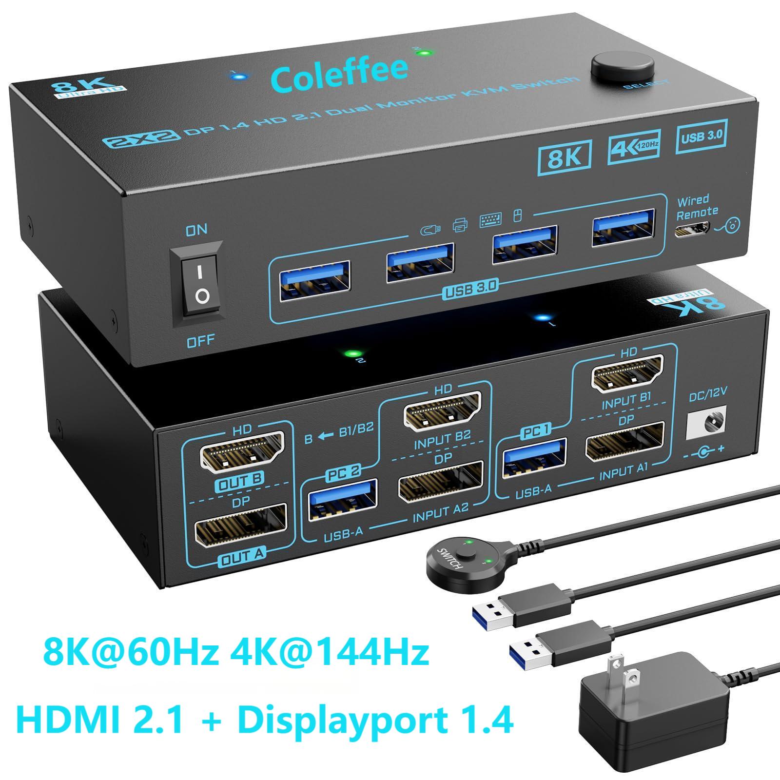Hdmi Kvm Switch 4 Port Dual Monitor - キーボードとマウスのプリンター用のデュアルモニター,kfmスイッチ,2モニター,hdmiディスプレイポート,4 usb 3.0ポート,2コンピューター,8k @ 60hz,4k @