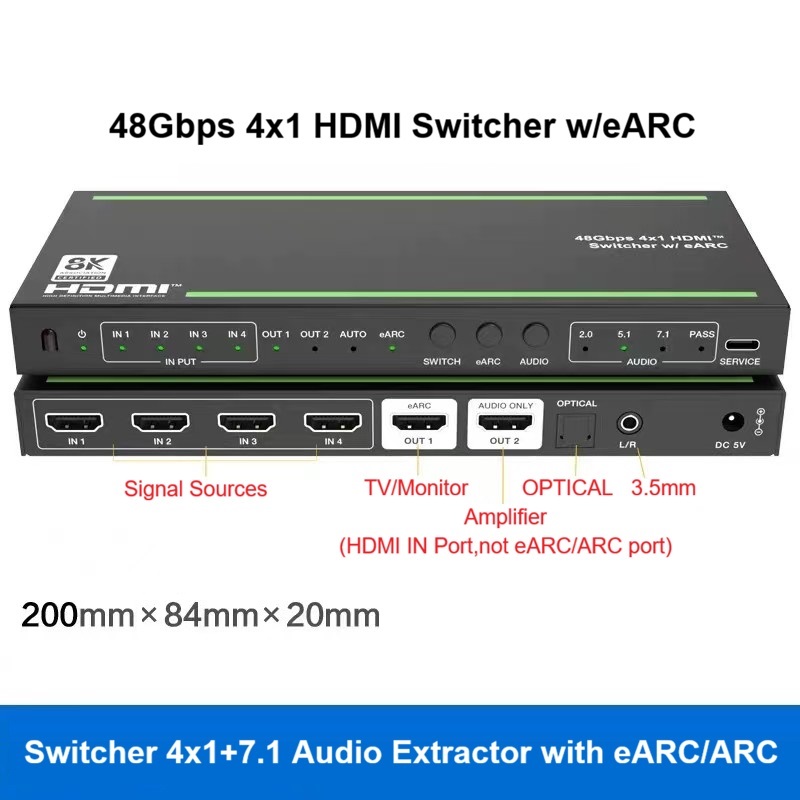 Hdmi Audio Extractor Earc 7.1 - 4K120Hz HDMI2.1 スイッチャー 4入力1出力、オーディオ抽出機能搭載、TV eARC、HDMI 7.1オーディオ、VRR、ALLM、8K60Hz、48Gbps対応