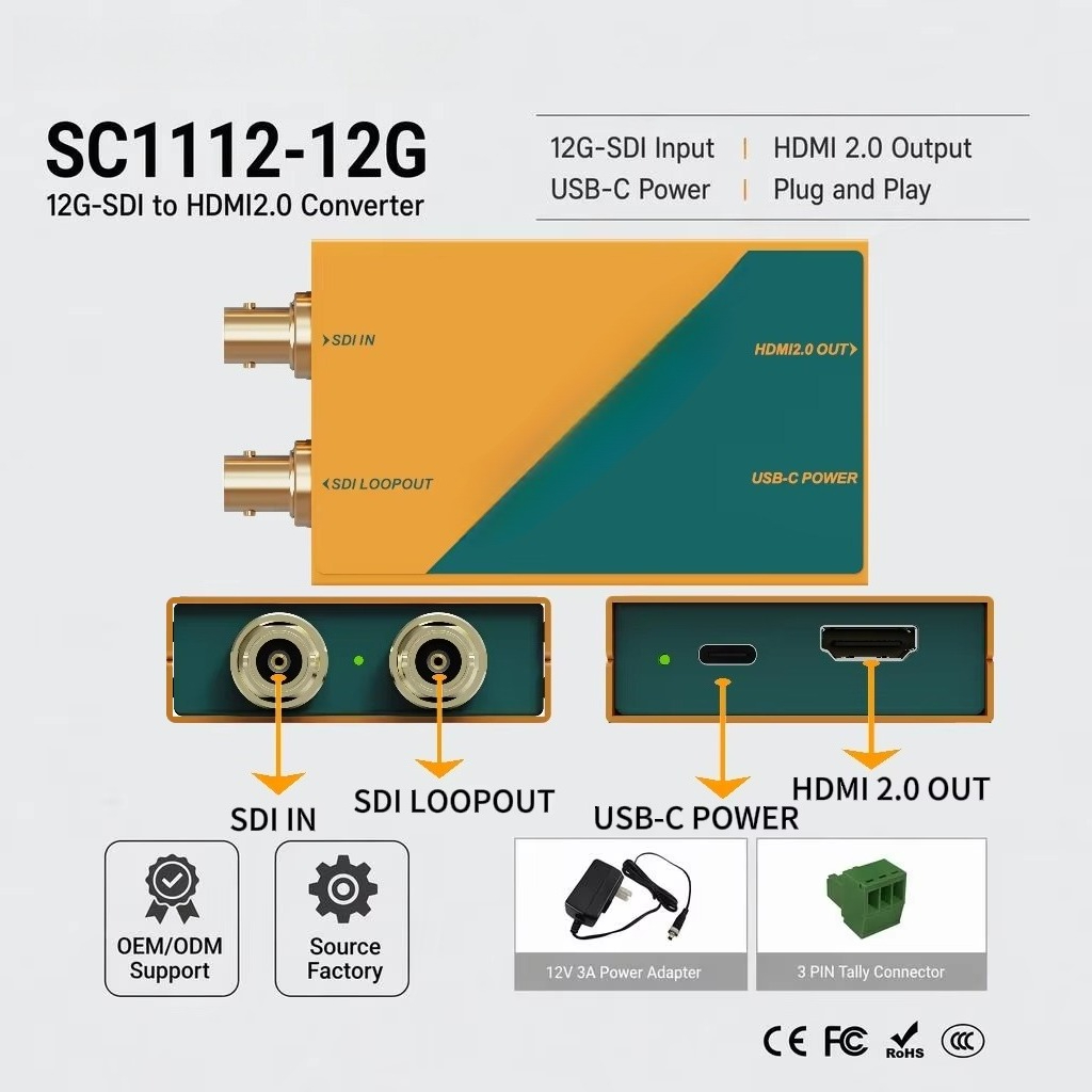 Sdi To Hdmi Converter Broadcast - SC1112-12G：12G-SDI-HDMI 2.0 ブロードキャストコンバーター。4K60Hz対応、SDIループアウト機能を搭載。教会でのライブストリーミングやビデオ制作に最適。