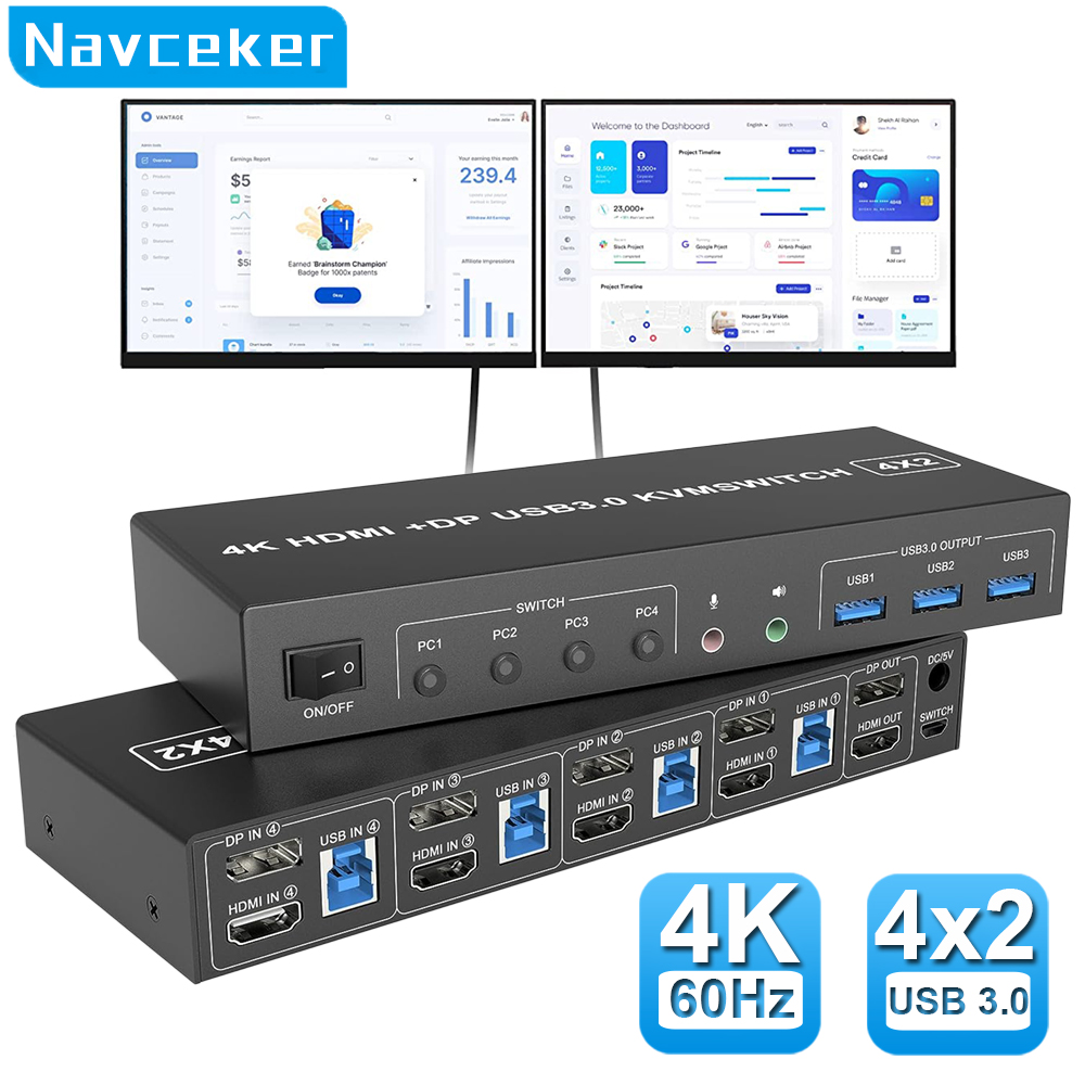Hdmi Kvm Switch 4 Port Dual Monitor - 4ポートHdmi kvm USB 3.0スイッチ、4x2、4インチ2出力、4x4、デュアルモニター、4k @ 60hz、ディスプレイ、dp、キーボードおよびマウス用