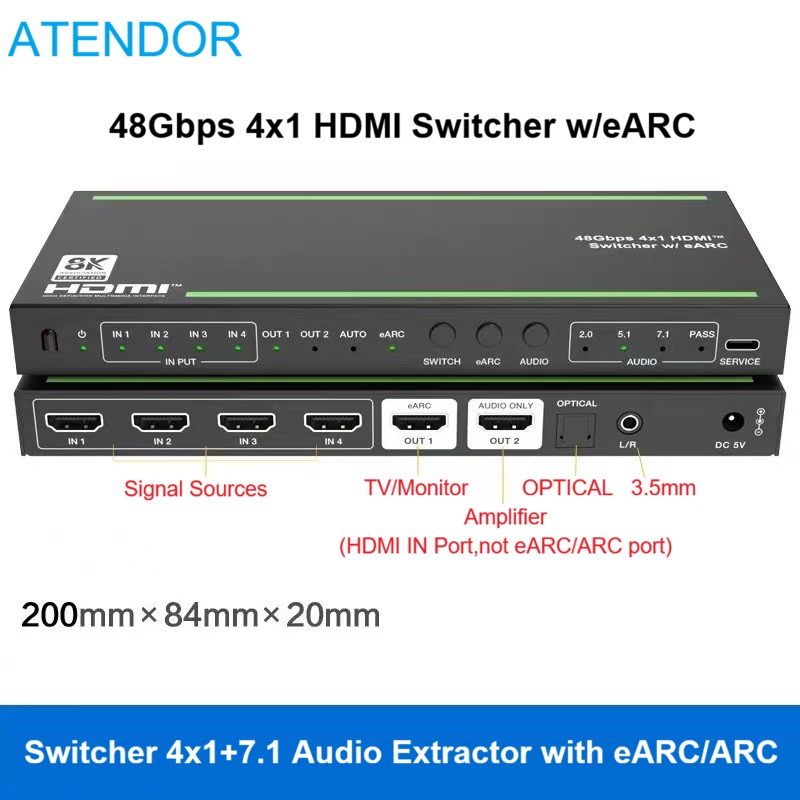 Hdmi Audio Extractor Earc 7.1 - HDMI2.1スイッチャー 4x1 7.1オーディオエクストラクター eARC 7.1 SPDIF