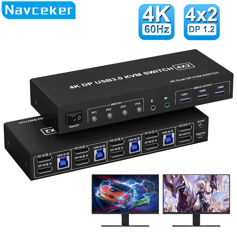 Hdmi Kvm Switch 4 Port Dual Monitor - Navceker KVMスイッチ 4PC 2モニター DisplayPort 4ポート
