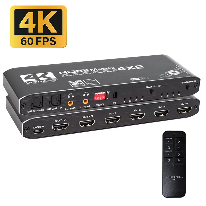 Hdmi Splitter 1 In 4 Out 4K 60Hz - 4K HDMIマトリックススイッチャー 4x2 4K@60Hz HDMIマトリックスビデオスイッチスプリッター 4入力2出力