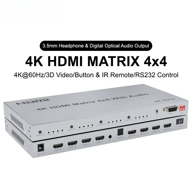 Hdmi Matrix Switch 4X4 4K 60Hz - RS232によるシームレスな切り替え機能を備えた4x4 HDMIマトリックス。4つの入力、4つの出力に対応。オーディオ分離機能をサポート。4K60Hzに対応。