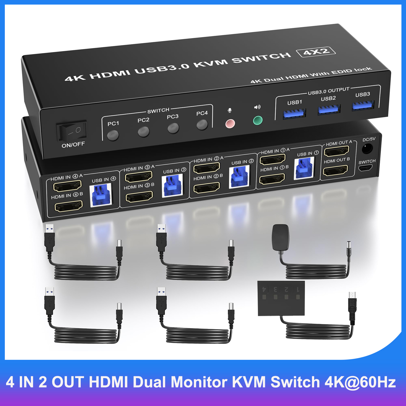 Hdmi Kvm Switch 4 Port Dual Monitor - 4入力2出力HDMIデュアルモニターKVMスイッチ、EDID対応、4K@60Hz HDMI KVMスイッチ、キーボード・マウス用USB3.0ポート3つ搭載、4台のPCに対応