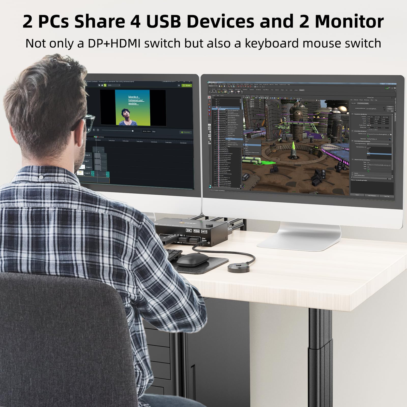 8K KVM スイッチ 2 PC 2 モニター、KCEVE  - Hdmi Kvm Switch 4 Port Dual Monitor のレビューと価格