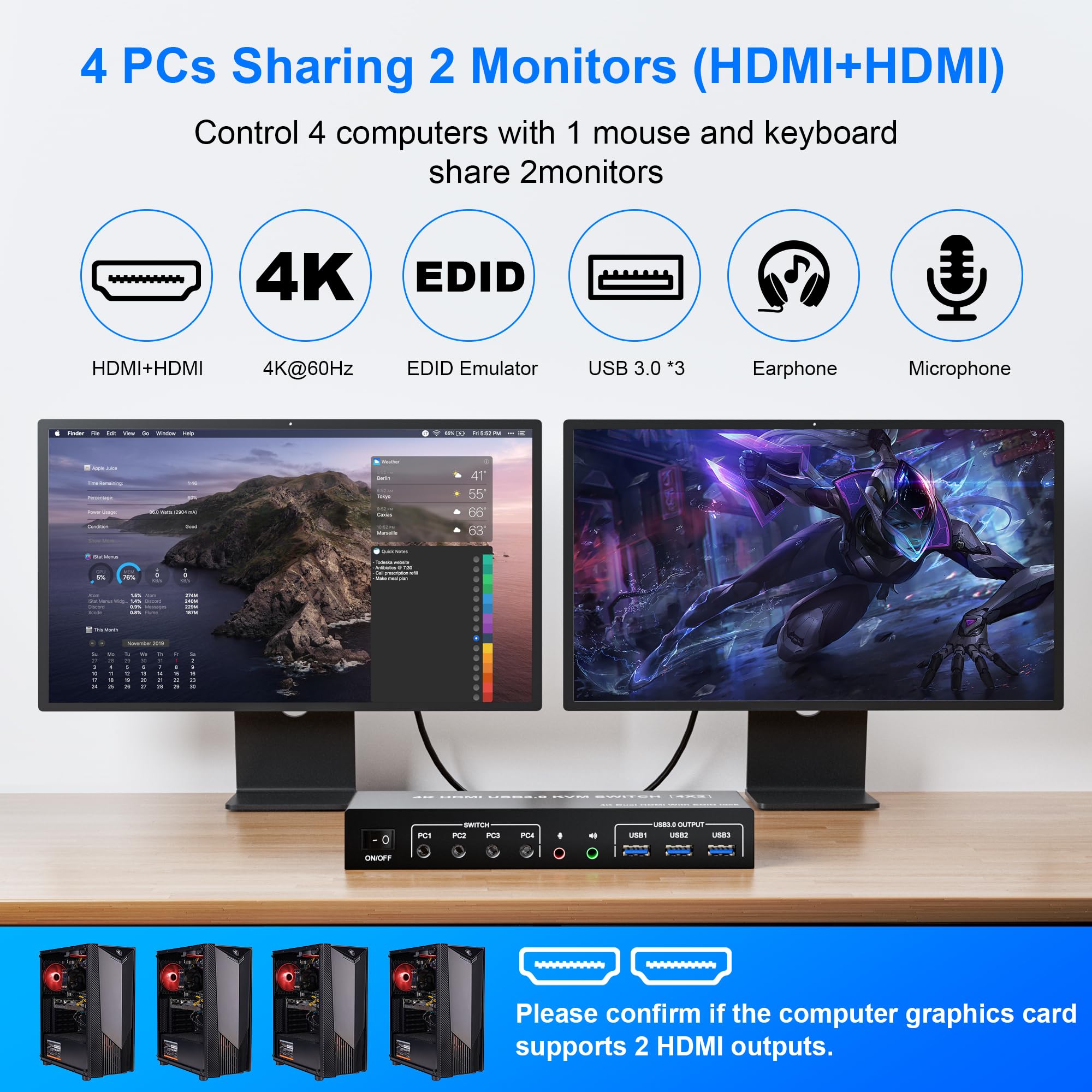 USB 3.0 KVMスイッチ 4台コンピューター 2台モニ - Hdmi Kvm Switch 4 Port Dual Monitor のレビューと価格
