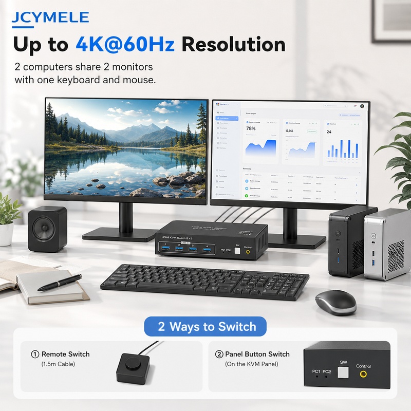 HDMI KVMスイッチ 2台パソコン 2台モニター 4K  - Hdmi Kvm Switch 4 Port Dual Monitor のレビューと価格