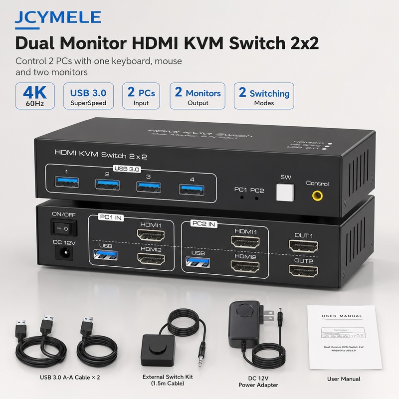 HDMI KVMスイッチ 2台パソコン 2台モニター 4K  - Hdmi Kvm Switch 4 Port Dual Monitor のレビューと価格